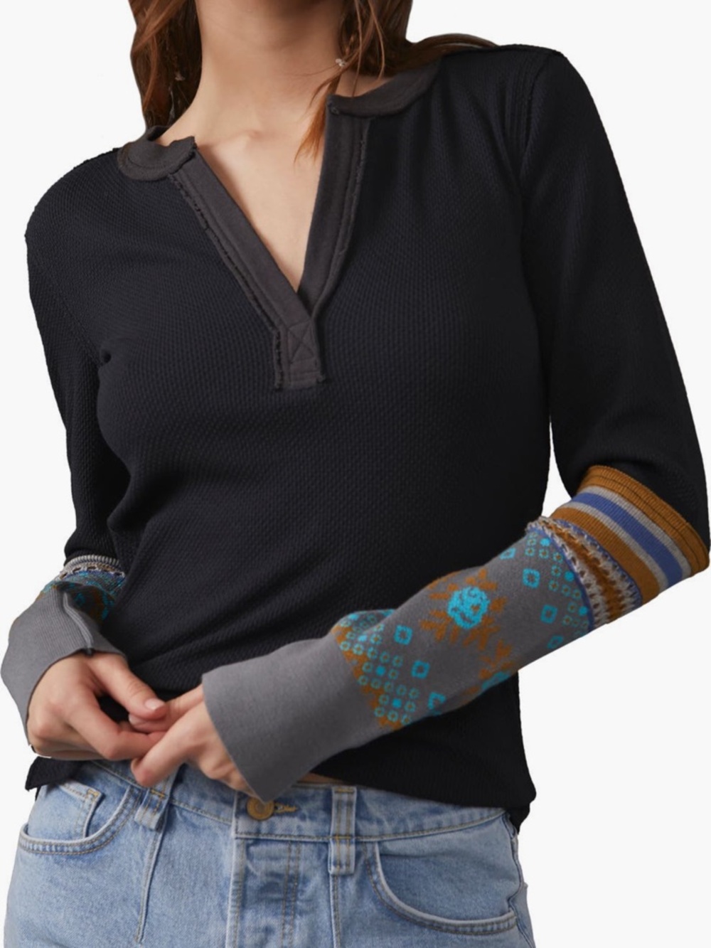 Free People We The Free Mikah Waffle Thermal M Black Patterned Knit Cuff Henley - Picture 3 of 6